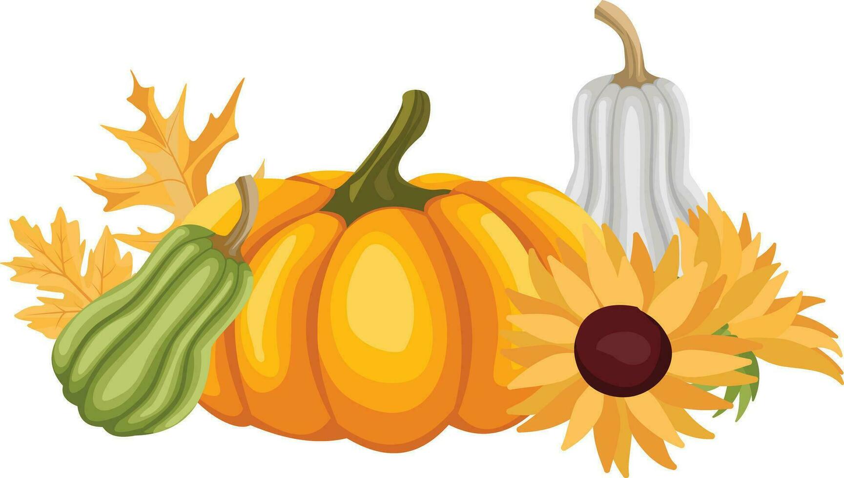 herfst pompoenen, zonnebloemen, bladeren, natuur botanisch decoratief verzameling. vector