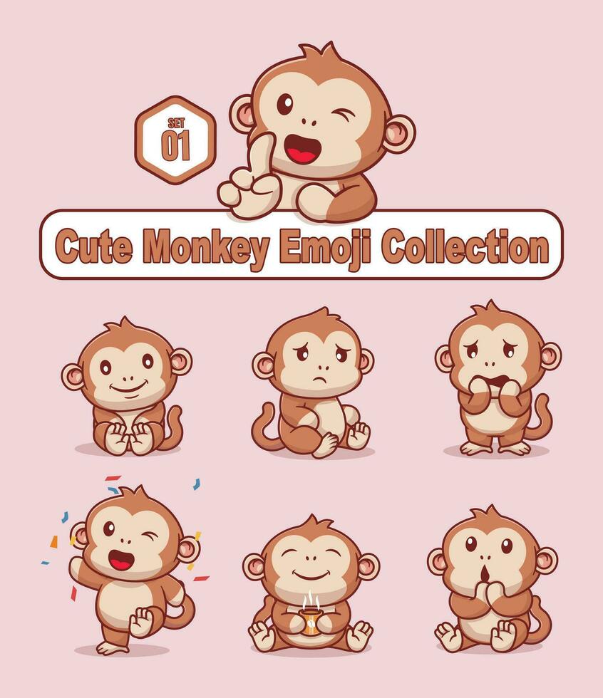 reeks van schattig aap karakter in divers poses sticker vector tekenfilm illustratie