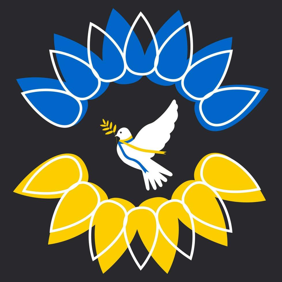 de wit duif van vrede is omringd door zonnebloem bloemblaadjes in de nationaal kleuren van de vlag van Oekraïne Aan een zwart achtergrond. vector. vector