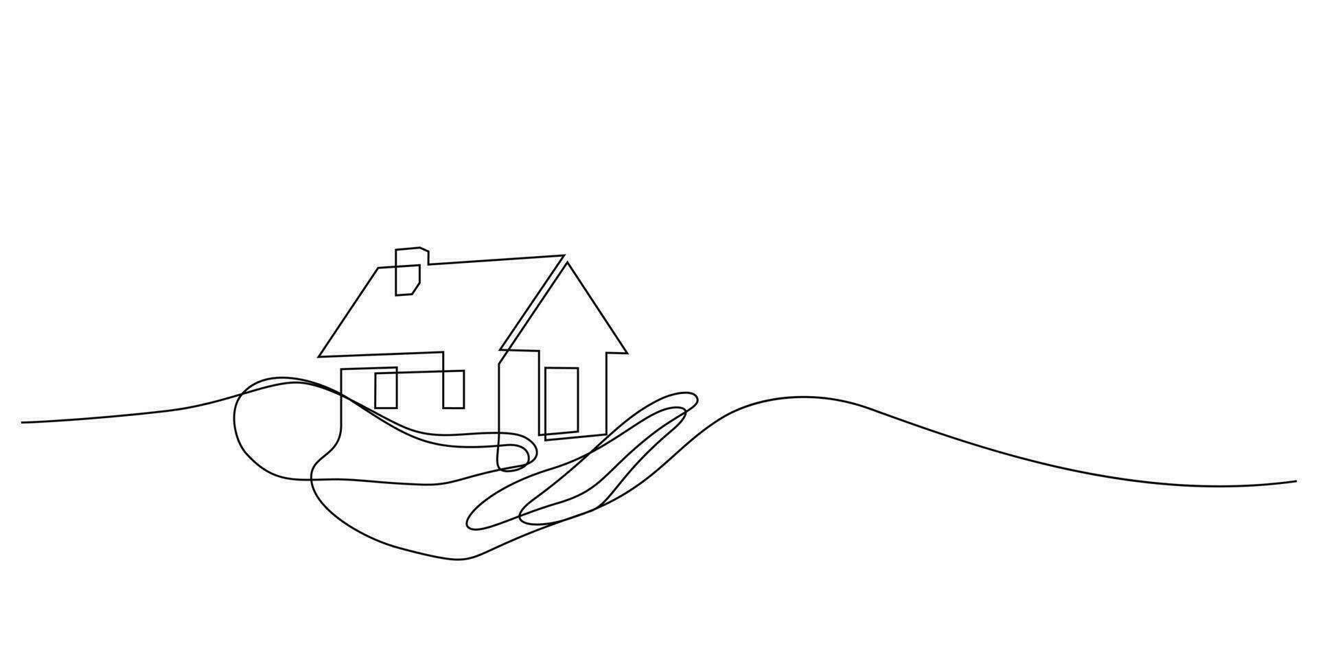 een lijn van hand- Holding huis model- vector illustratie
