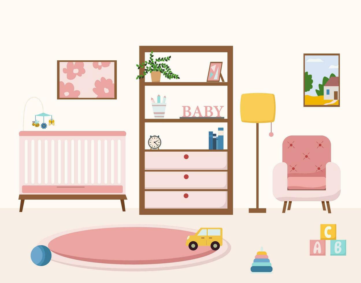 knus kinderkamer interieur met meubilair zo net zo wieg, fauteuil, speelgoed, tapijt in modern stijl vlak vector illustratie.