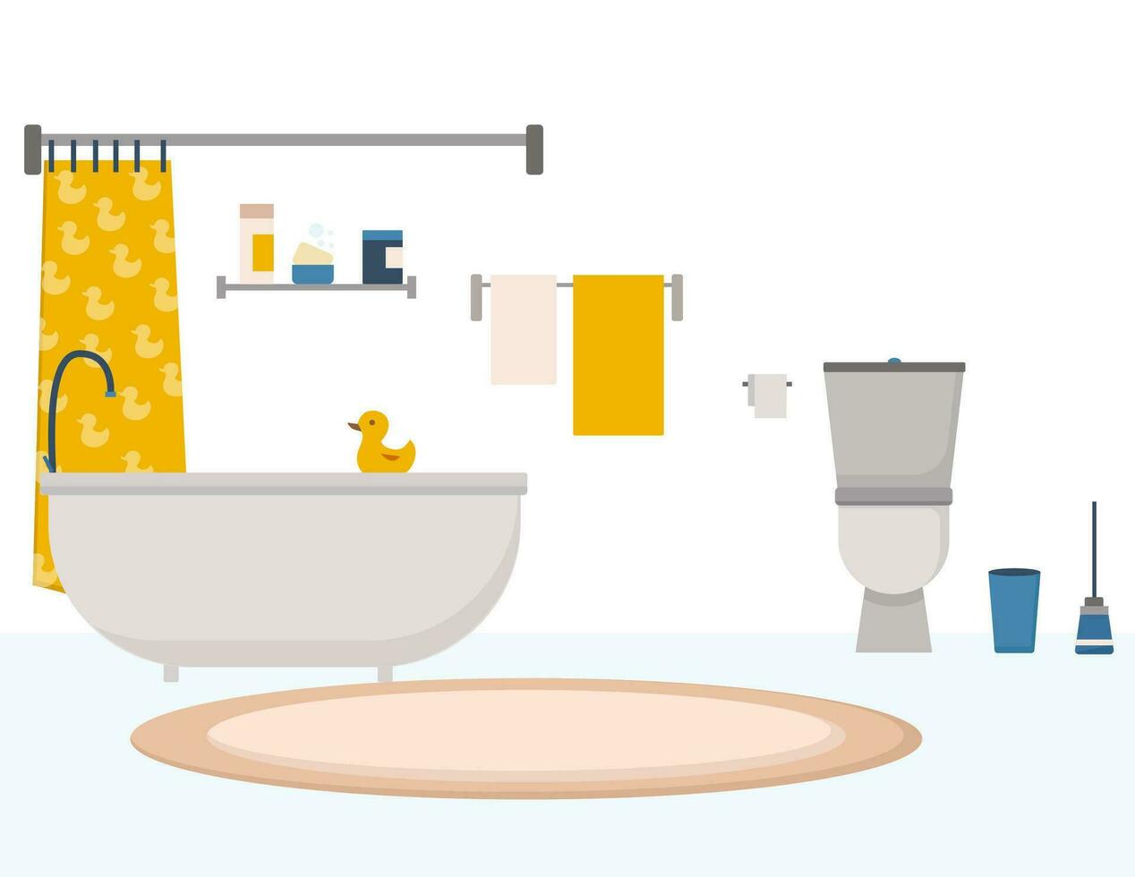 knus badkamer interieur met meubilair zo net zo badkuip, spiegel, nachtkastje tafel, toilet schaal, handdoeken in modern stijl in vlak vector illustratie