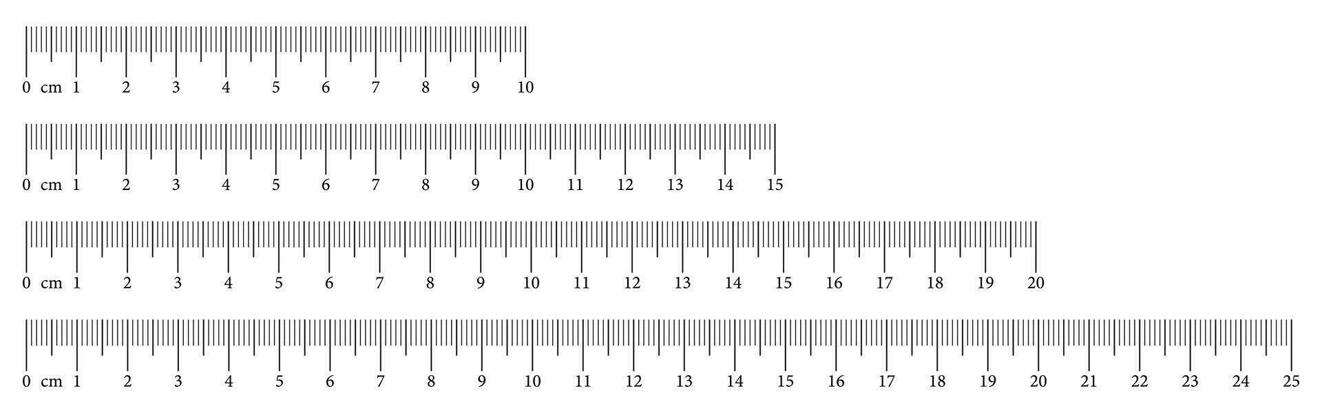 verzameling meten grafieken met 10,15, 20, 25 centimeter. reeks van eps Sjablonen heersers schaal met nummers. lengte meting wiskunde, afstand, hoogte, naaien hulpmiddelen. vector illustratie.