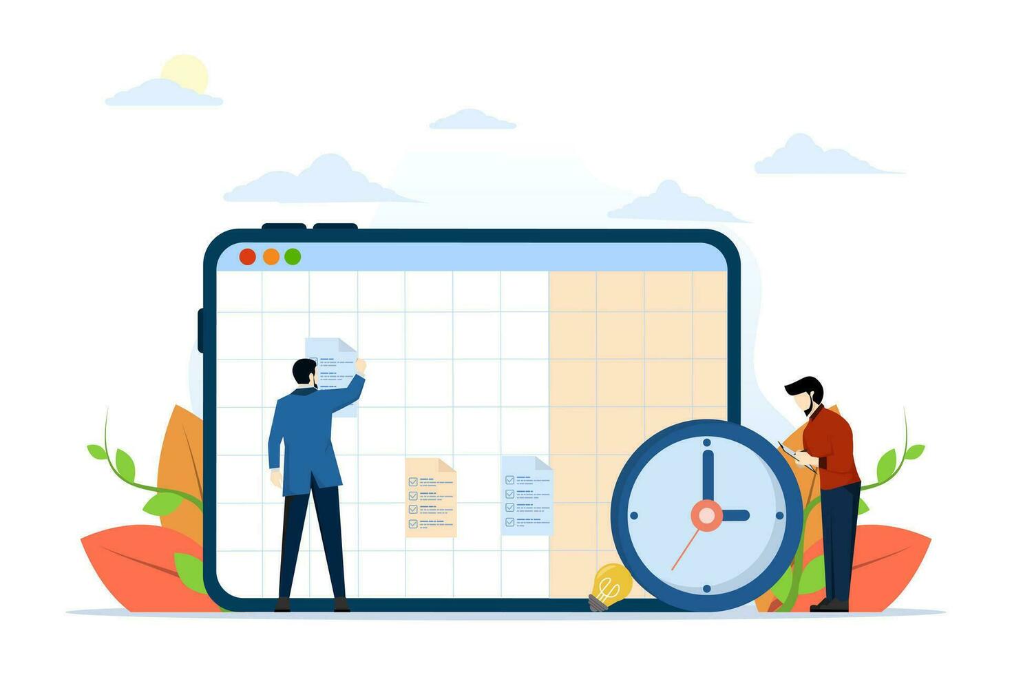 bedrijf planning concept, bedrijf team werken met digitaal online kalender, planning schema, weggaan notities, beheren en organiseren werk en tijd. tijd beheer. vlak vector illustratie.