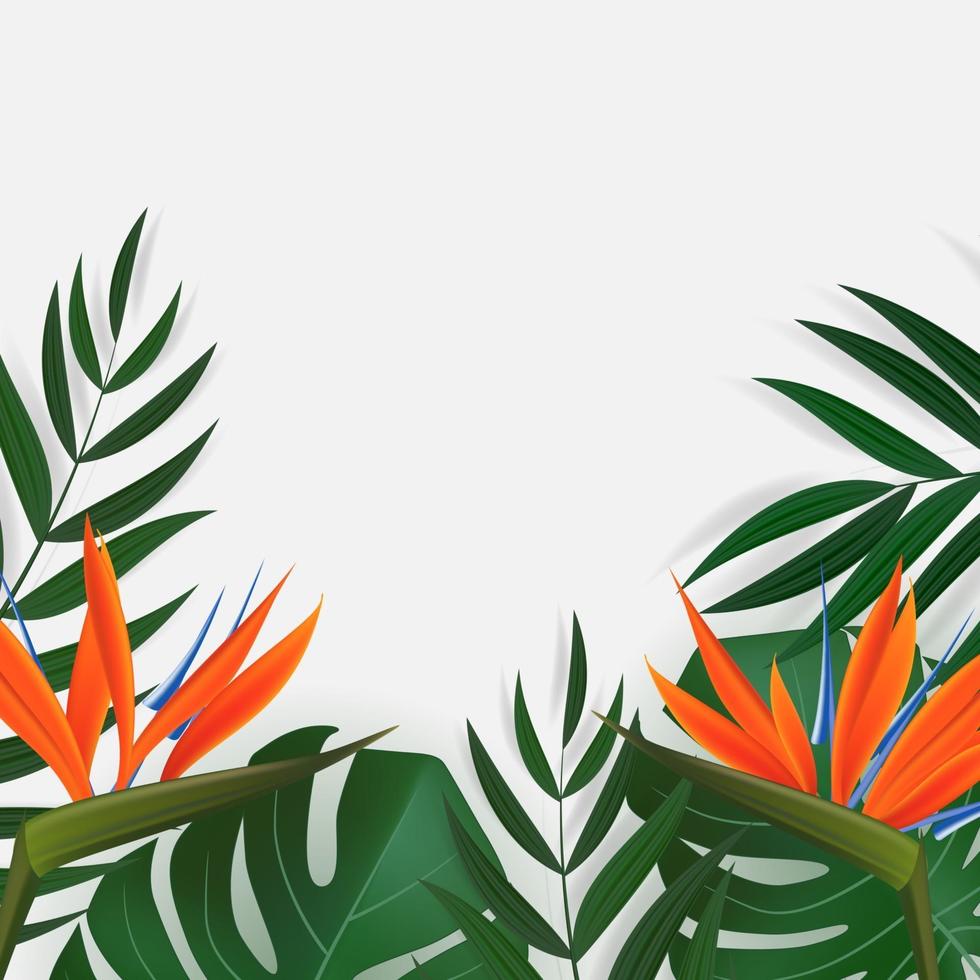 natuurlijk realistisch groen palmblad met de tropische achtergrond van de strelitzia-bloem. vector illustratie eps10