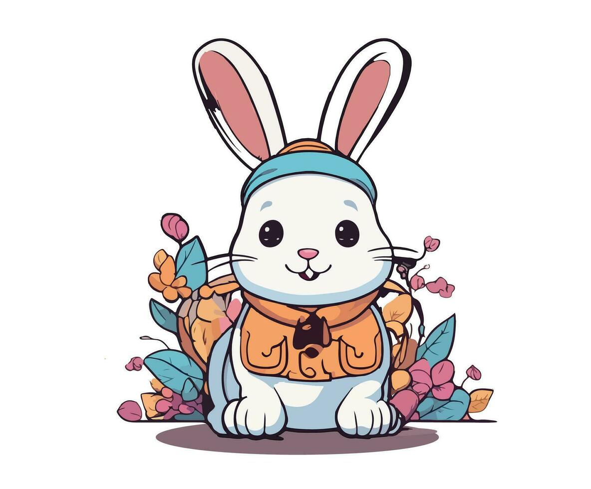 schattig tekenfilm konijn zittend in de gras met bloemen vector illustratie