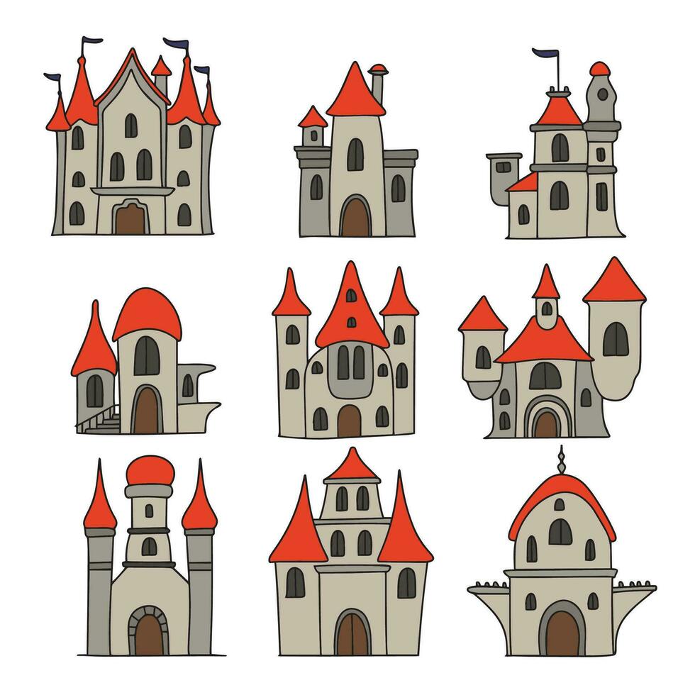 verzameling van hand- getrokken kasteel geïsoleerd Aan wit achtergrond. reeks van tekening kasteel pictogrammen. vector illustratie.