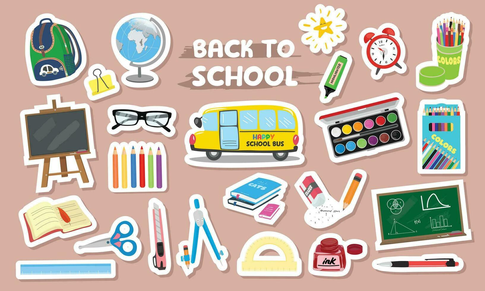 school- benodigdheden vector set. terug naar school- concept. schrijfbehoeften benodigdheden. onderwijs thema. vlak vector in tekenfilm stijl. wereldbol, school- tas, klok, kleur doos, hoog licht pen, boek, schoolbord, bril