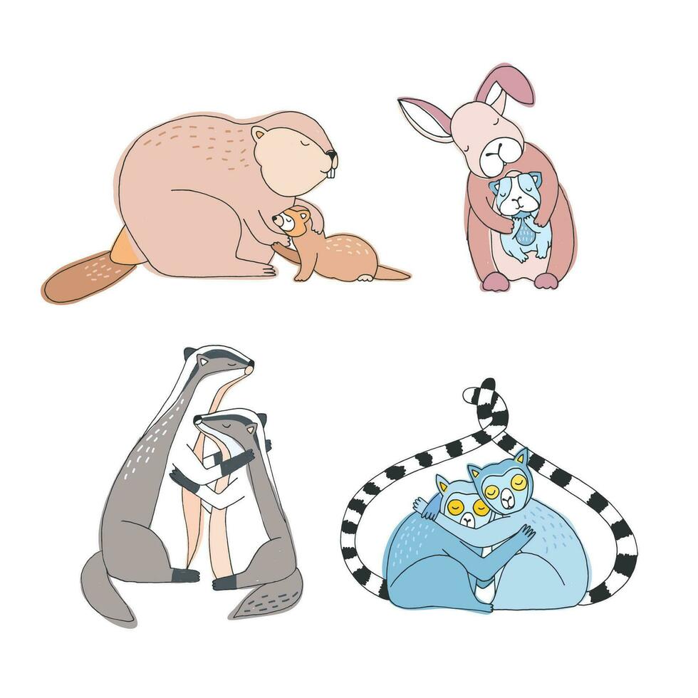 schattig dieren knuffels set. gelukkig knuffel dag concept. kleurrijk hand- getrokken illustratie. vector