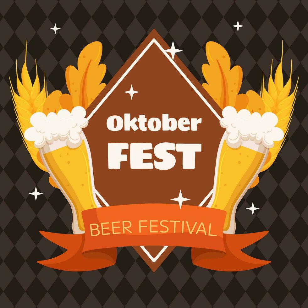 oktoberfeest Duitse bier festival plein sociaal media post sjabloon. ontwerp met glas van bier, tarwe en bladeren, banier lintje. ruit patroon Aan terug vector