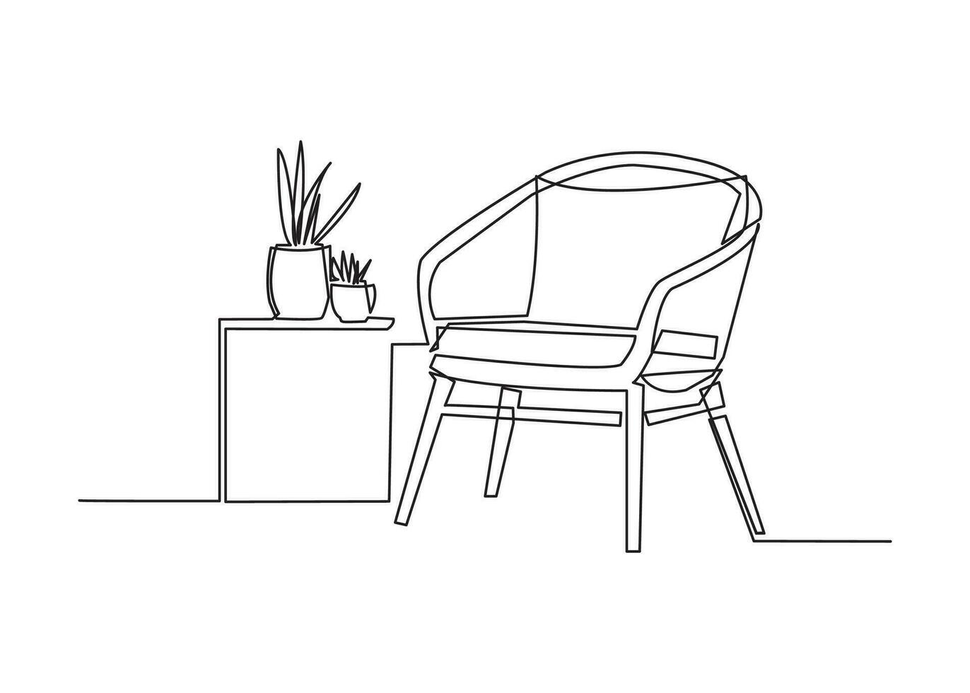 doorlopend een lijn tekening van fauteuil en met ingemaakt planten. Scandinavisch elegant meubilair in gemakkelijk lineair stijl. vector illustratie