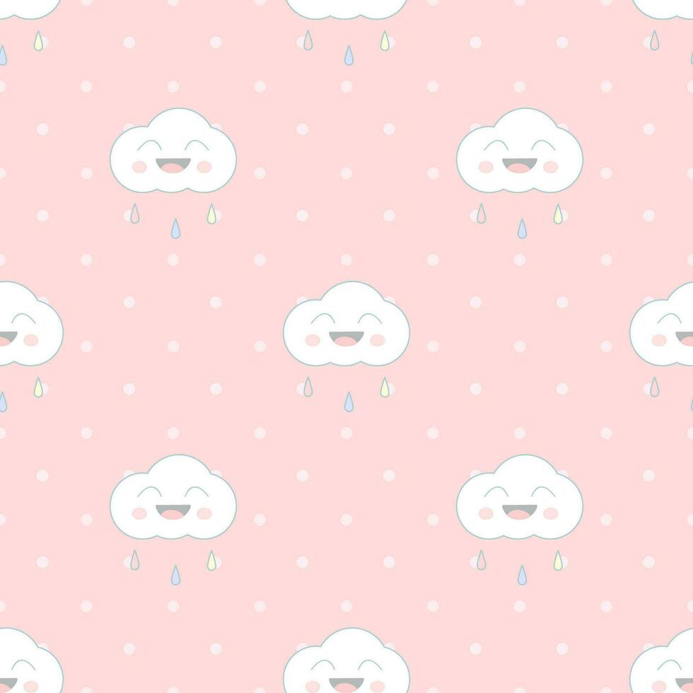 schattig naadloos wolk patroon versierd met regen en polka dots Aan een roze achtergrond in een pastel thema. vector