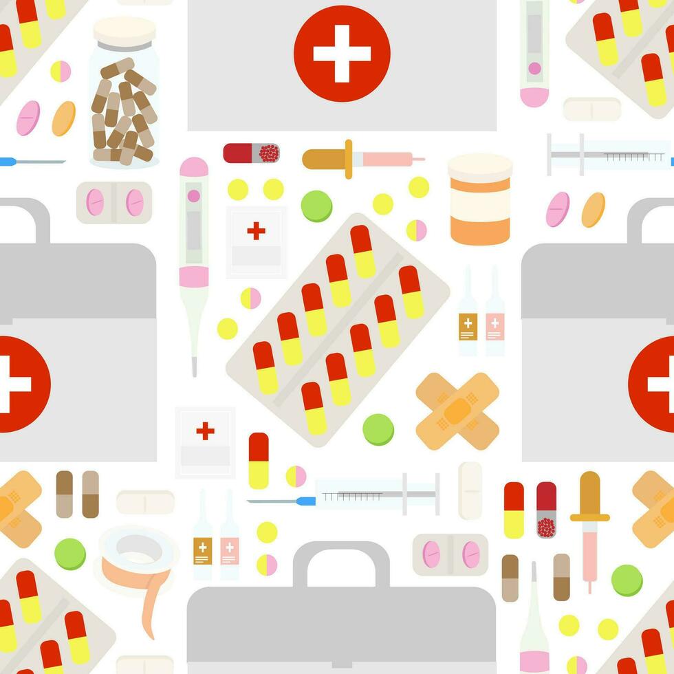 vector naadloos patroon met medisch apparatuur, pillen, spuit, pleisters en medisch tablets