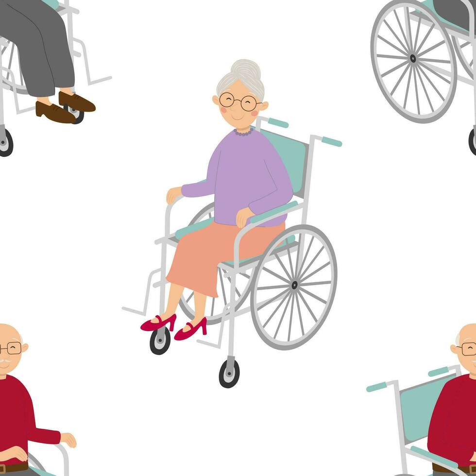 vector naadloos patroon met oud Mens en vrouw tekens in rolstoelen