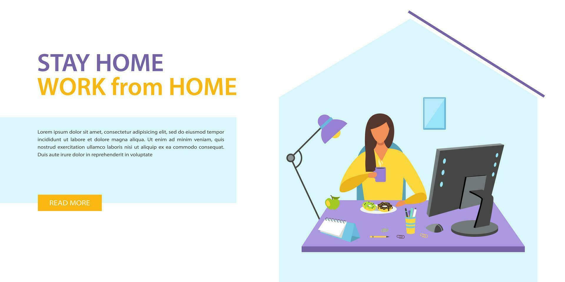 huis kantoor concept, vrouw werken van huis zittend Bij de bureau, freelancer of leerling. landen bladzijde sjabloon, web spandoek. vector illustratie in vlak stijl