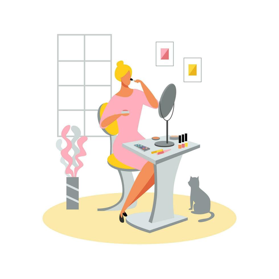 vrouw is van toepassing bedenken terwijl zittend in voorkant van de spiegel. vector vlak illustratie voor ontwerp van schoonheid producten, web banier, tekst artikel in een tijdschrift, reclame van cosmetica.