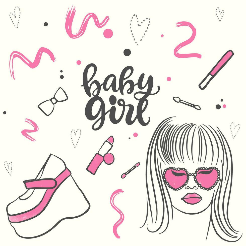 portret van een meisje met bril, roze pop accessoires reeks in tekening vector