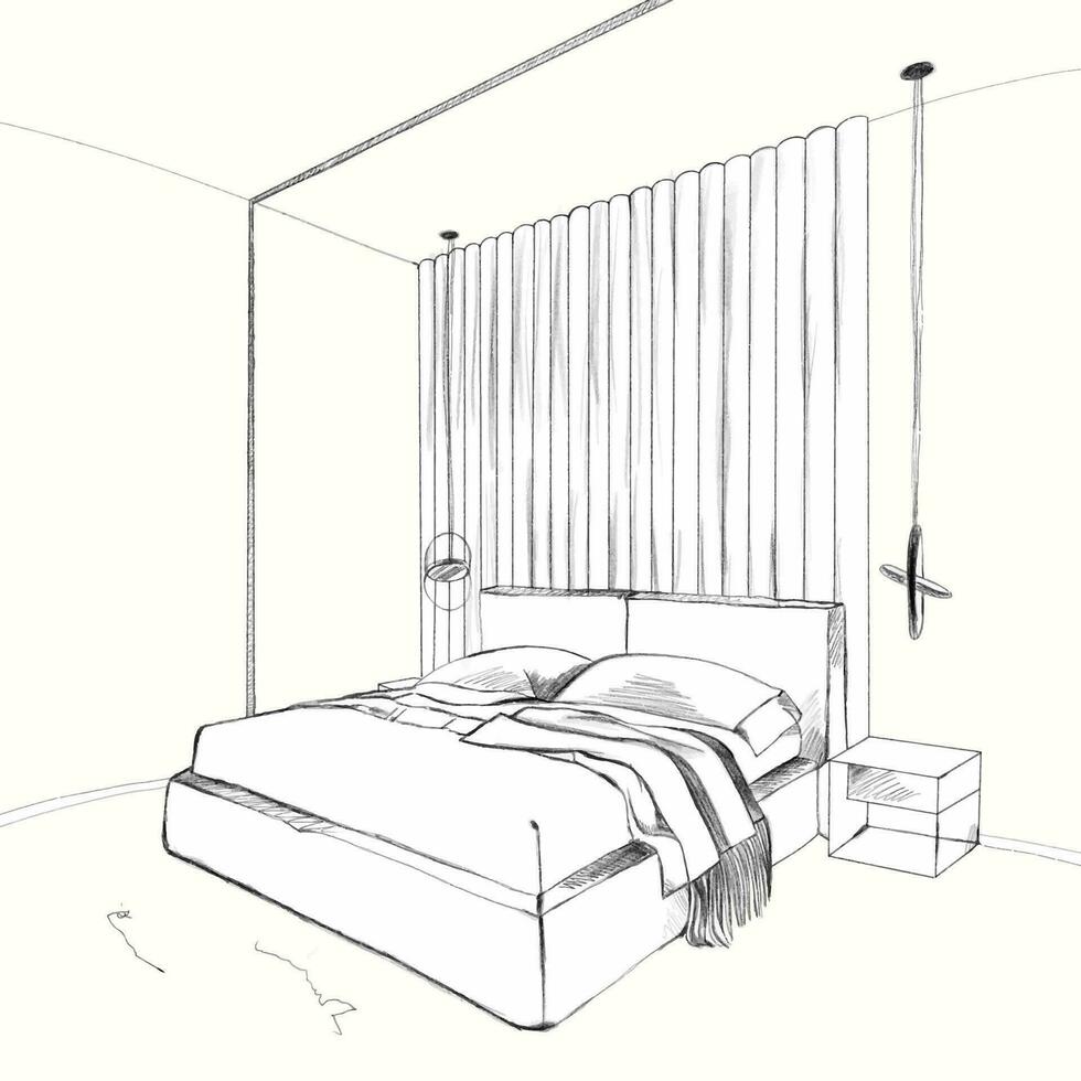 potlood tekening, interieur ontwerp, slaapkamer schetsen, modern vector