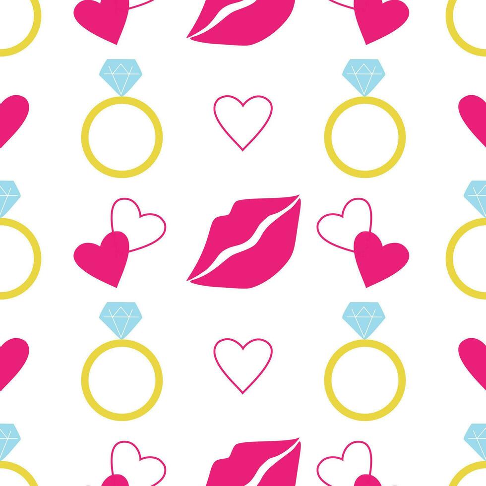 vector naadloos patroon met bruiloft ring, harten en roze lippen geïsoleerd Aan wit achtergrond. bruiloft behang