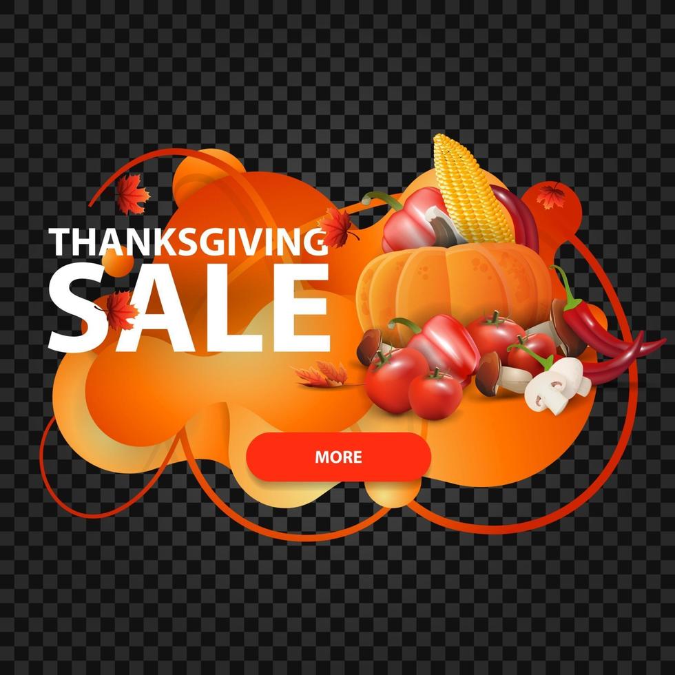 Thanksgiving-uitverkoop, horizontale oranje banner in de vorm van lavalamp met herfstoogst. kortingsbon geïsoleerd op zwarte achtergrond voor uw kunst vector