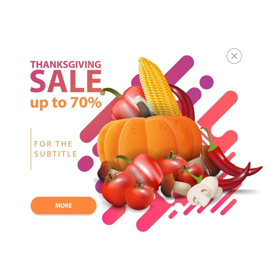 Thanksgiving-uitverkoop, pop-upvenster met een kortingsbanner voor uw website met herfstoogst. korting pop-up geïsoleerd op een witte achtergrond voor uw arts vector