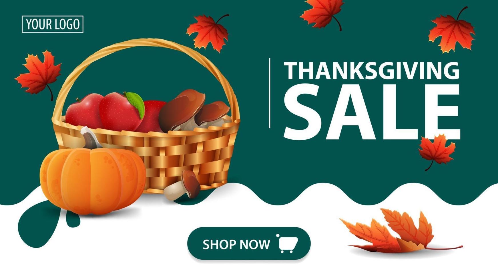 Thanksgiving-uitverkoop, groene kortingsbanner met fruit- en groentemand vector