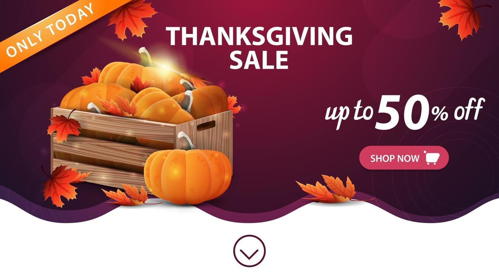 Thanksgiving-uitverkoop, paarse kortingsbanner met houten kisten met rijpe pompoenen en herfstbladeren vector