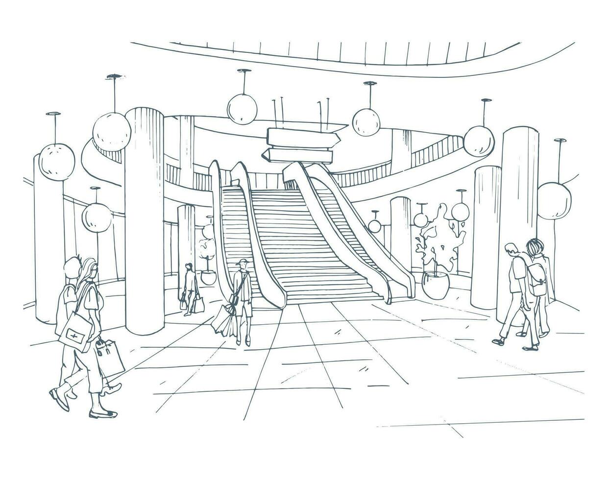 modern interieur boodschappen doen centrum, winkelcentrum. contour schetsen illustratie. vector