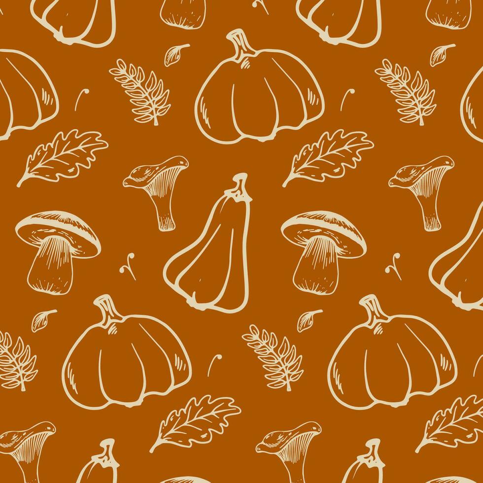 vector naadloos patroon met pompoen champignons en bladeren oranje achtergrond