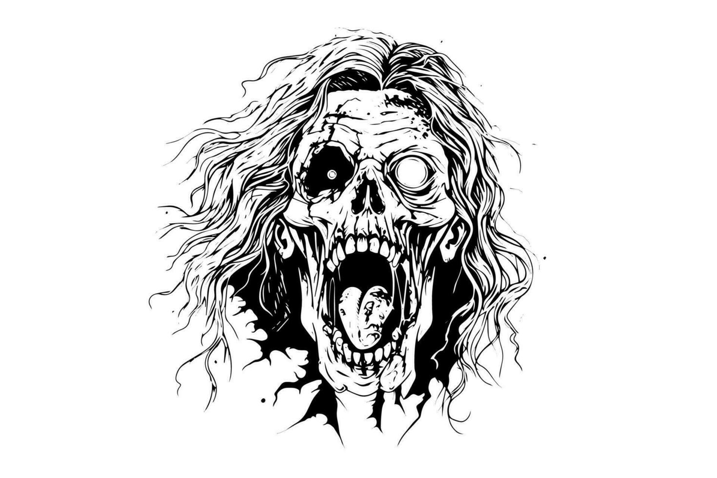 zombie hoofd of gezicht inkt schetsen. wandelen dood hand- tekening vector illustratie.