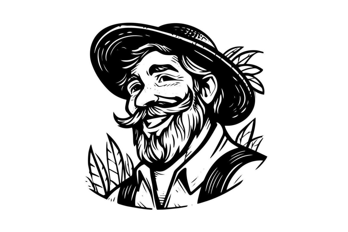gelukkig boer in hoed gravure stijl. hand- getrokken inkt schetsen. vector logotype illustratie.