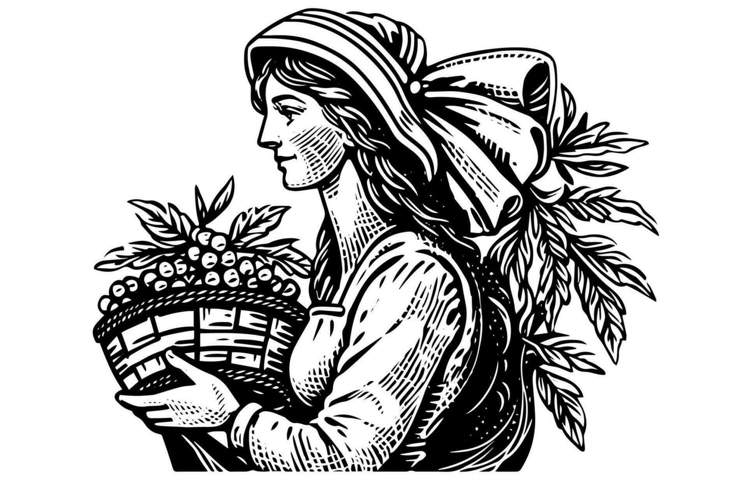 een vrouw boer oogsten in de veld- in gravure stijl. tekening inkt schetsen vector illustratie.