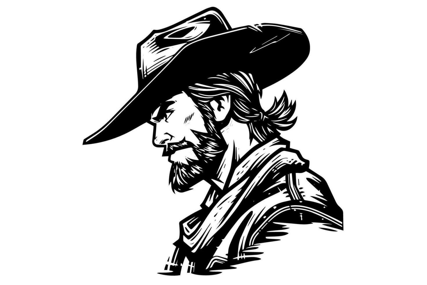 cowboy hoofd Aan hoed in gravure stijl. hand- getrokken inkt schetsen. vector illustratie.