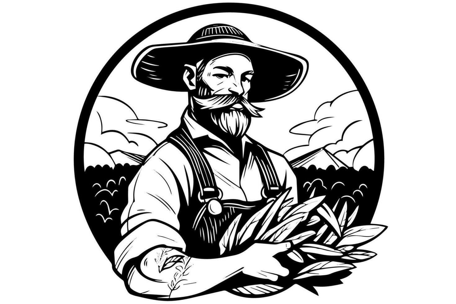 gelukkig boer in hoed met de oogst in hand- gravure stijl. hand- getrokken inkt schetsen. vector logotype illustratie.