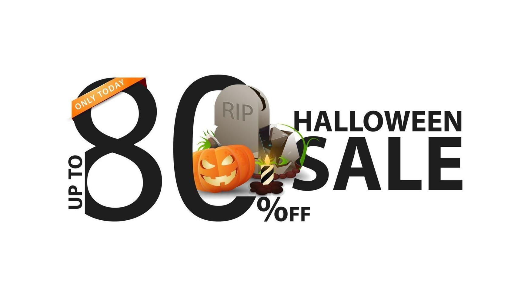 halloween-uitverkoop, witte banner met 80 korting, grafsteen en pompoenjack vector