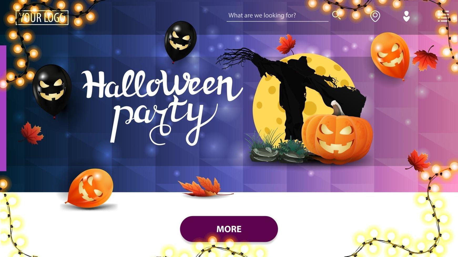 Halloween-feest, horizontale uitnodigingsbanner voor homepage-website met blauwe veelhoekige textuur, halloween-ballonnen, vogelverschrikker en pompoenhefboom tegen de maan vector