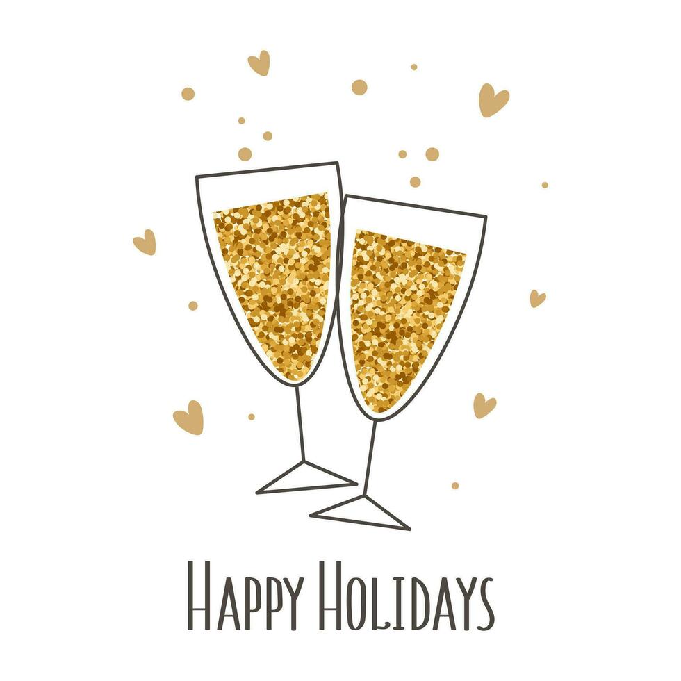 ansichtkaart gelukkig vakantie. Champagne bril met gouden schitteren. feestelijk vlak illustratie, afdrukken, vector