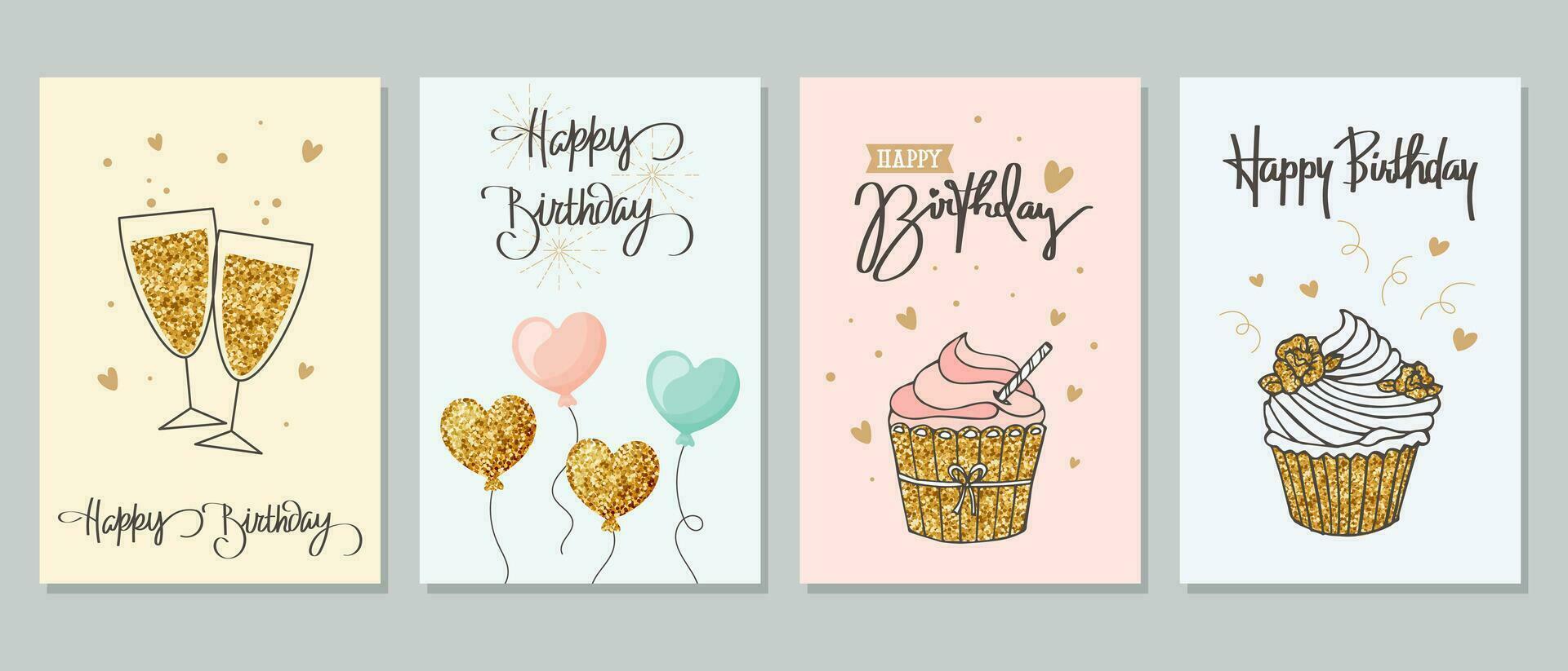 gelukkig verjaardag. groet kaart reeks met cupcakes, Champagne, ballonnen en kalligrafie. schattig groet Sjablonen in een gemakkelijk stijl. vector