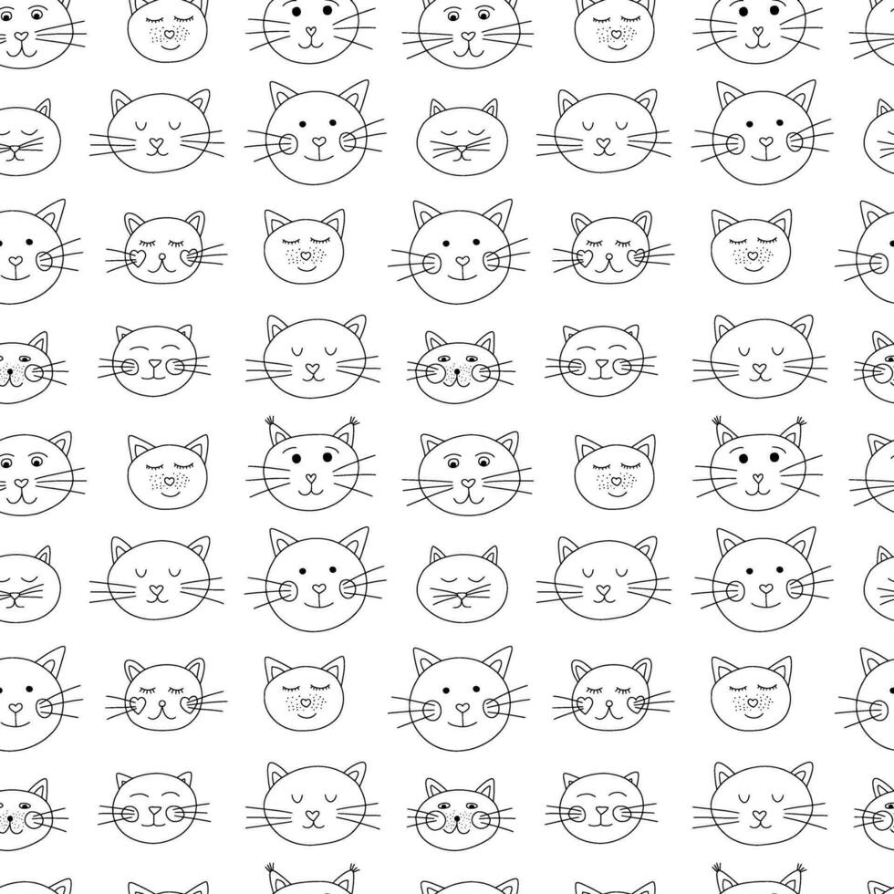 katten gezichten naadloos patroon. vector hand- getrokken kat tekens patroon