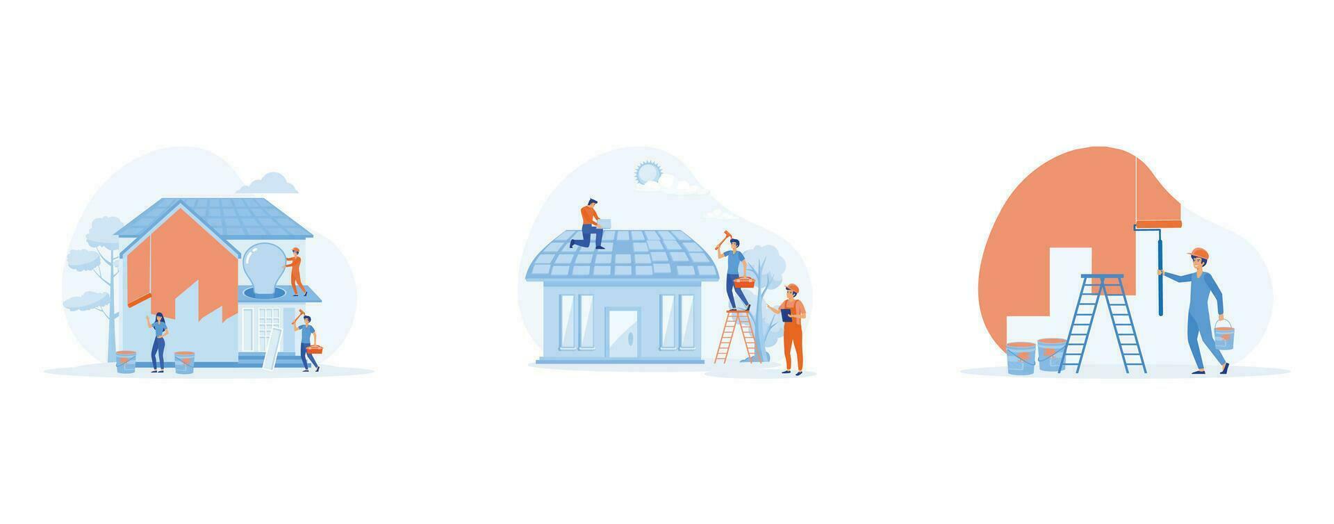 huis vernieuwing arbeiders. klusjesman team gebouw huis, arbeiders repareren dak. schilderij muur. reeks vlak vector modern illustratie