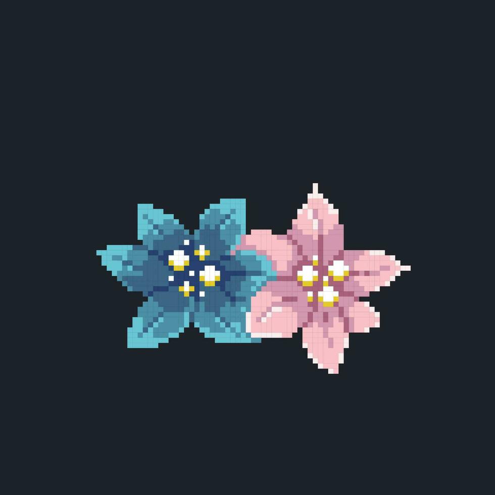 blauw en roze bloemen in pixel kunst stijl vector