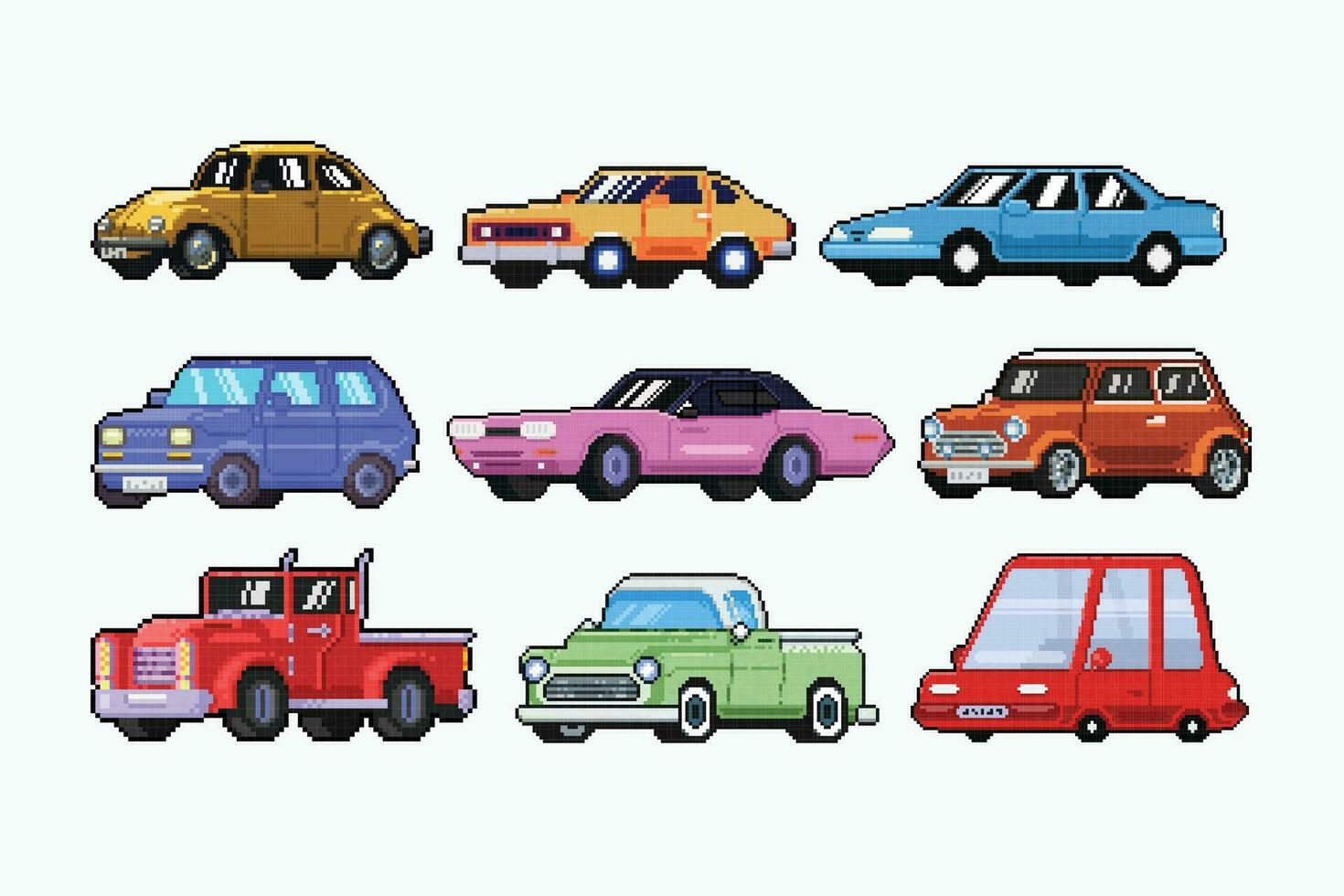 auto verzameling reeks in pixel kunst stijl vector