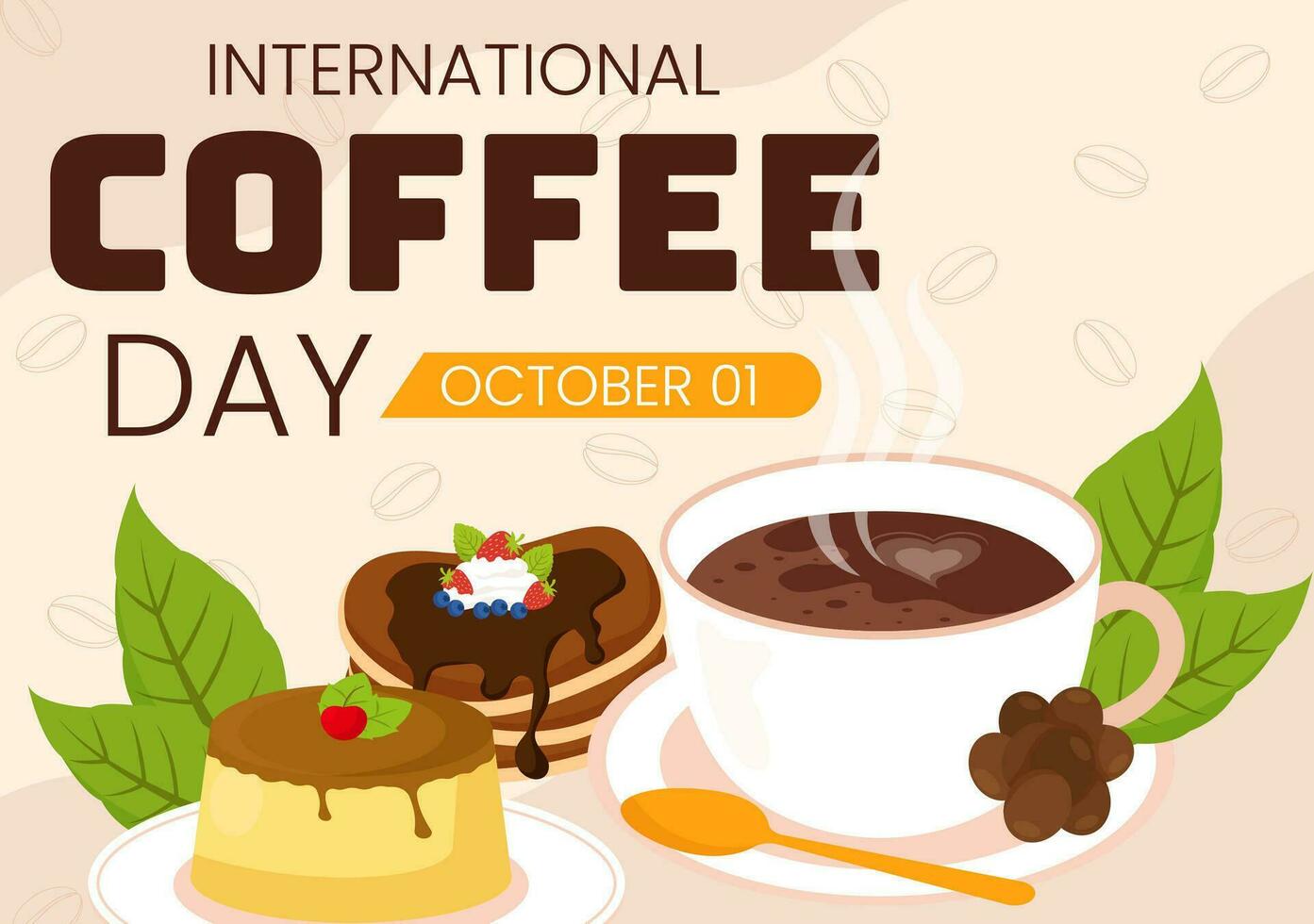 Internationale koffie dag vector illustratie Aan 1e oktober met geparfumeerd drinken en bruin achtergrond in vlak tekenfilm hand- getrokken Sjablonen