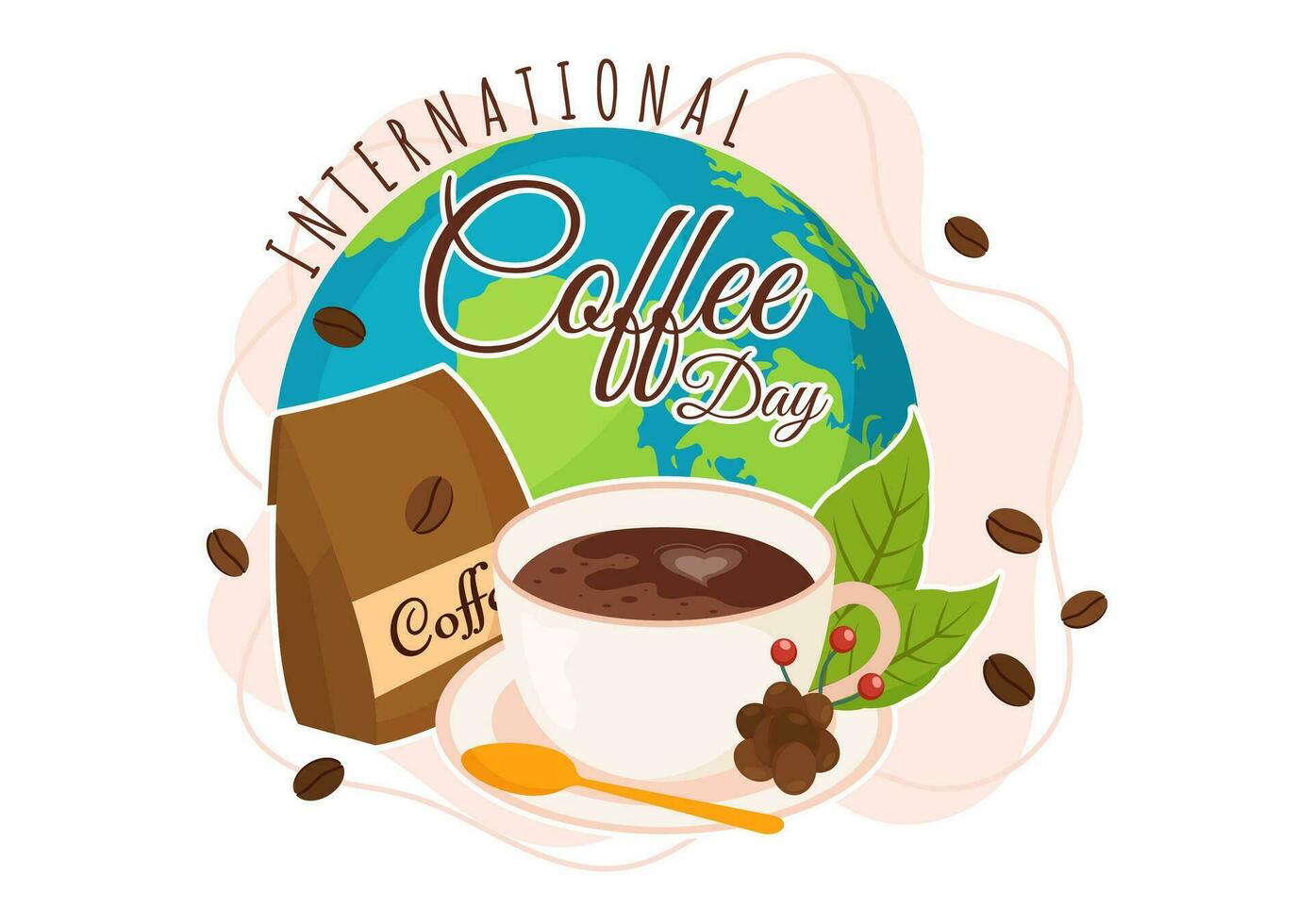 Internationale koffie dag vector illustratie Aan 1e oktober met geparfumeerd drinken en bruin achtergrond in vlak tekenfilm hand- getrokken Sjablonen