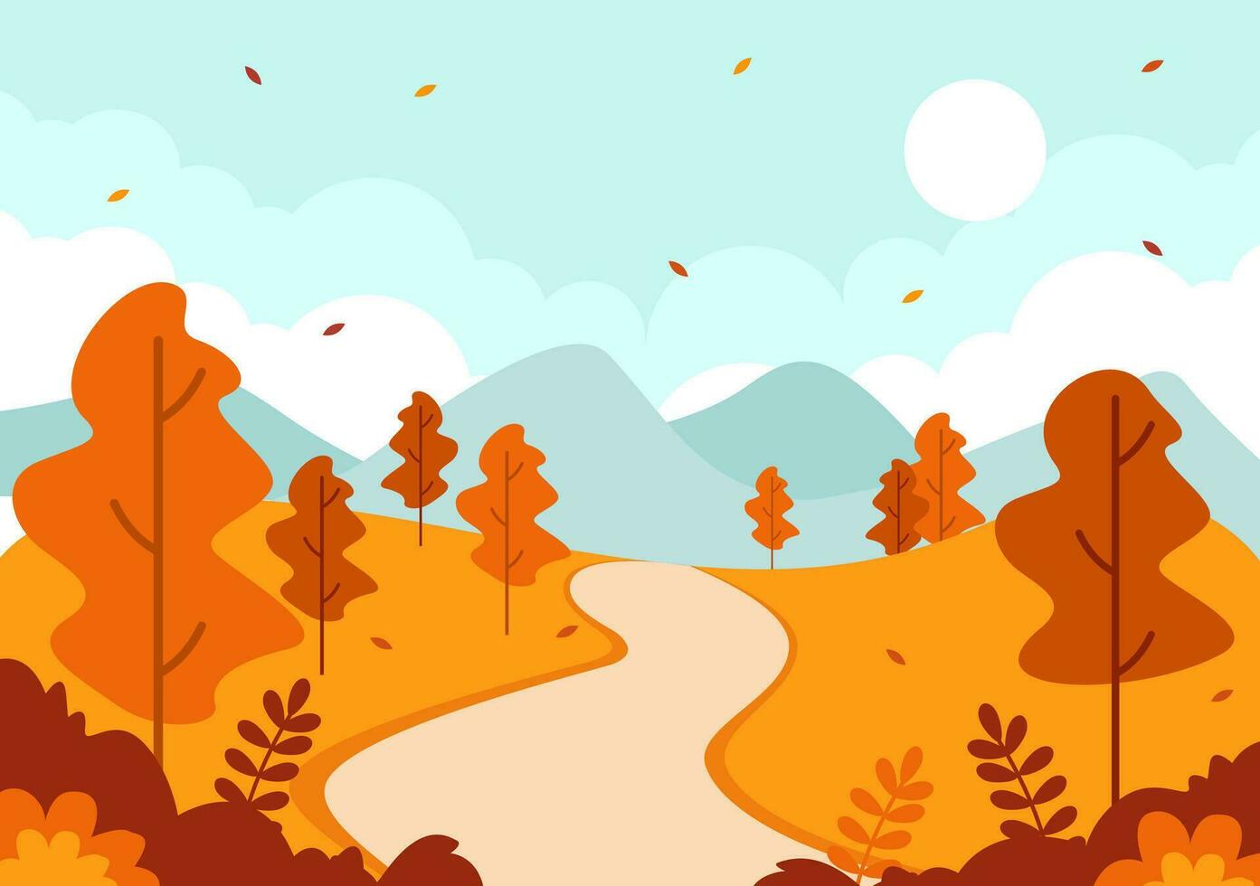 herfst landschap achtergrond vector illustratie met bergen, velden, bomen en vallen bladeren in vlak tekenfilm natuurlijk seizoen panorama Sjablonen