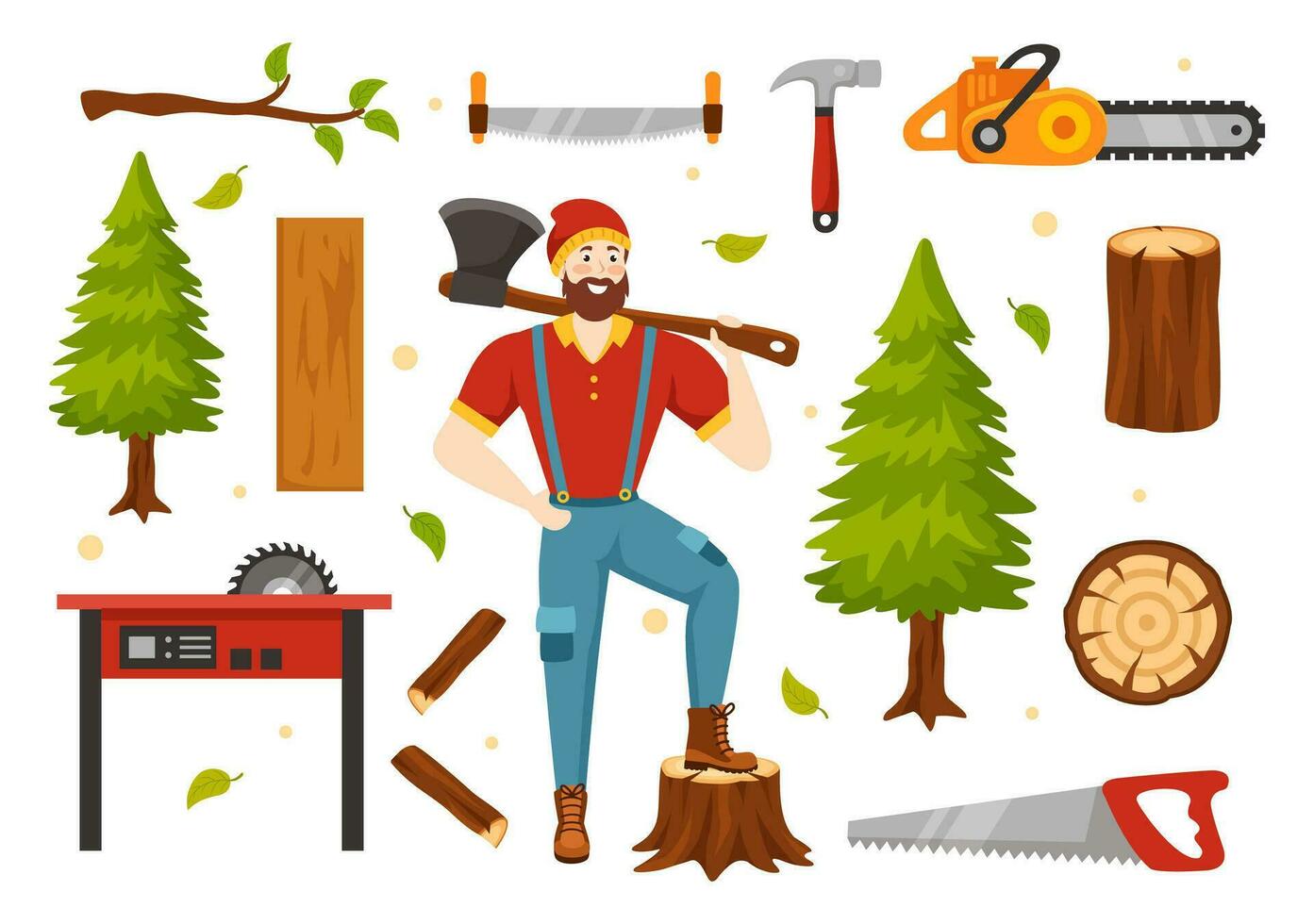 mannen hakken hout en snijdend boom met houthakker werk uitrusting machinerie of kettingzaag in vlak tekenfilm achtergrond Sjablonen vector illustratie