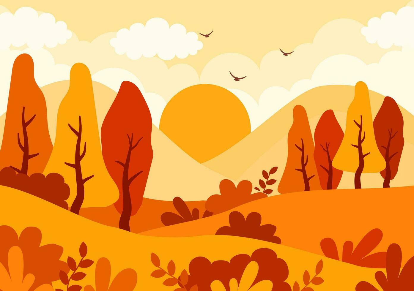 herfst landschap achtergrond vector illustratie met bergen, velden, bomen en vallen bladeren in vlak tekenfilm natuurlijk seizoen panorama Sjablonen