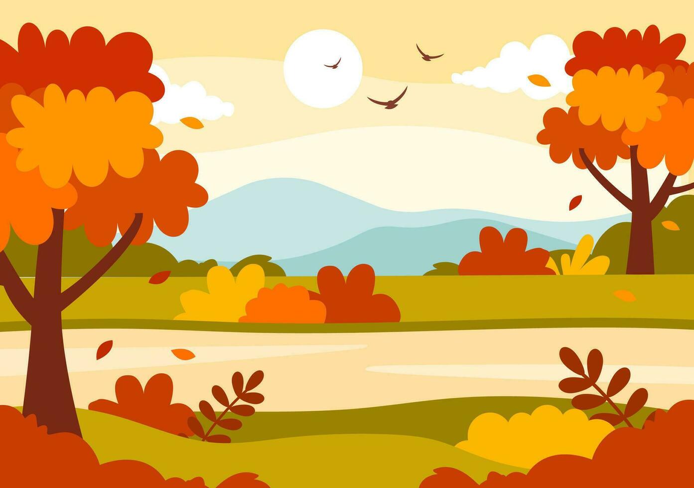 herfst landschap achtergrond vector illustratie met bergen, velden, bomen en vallen bladeren in vlak tekenfilm natuurlijk seizoen panorama Sjablonen