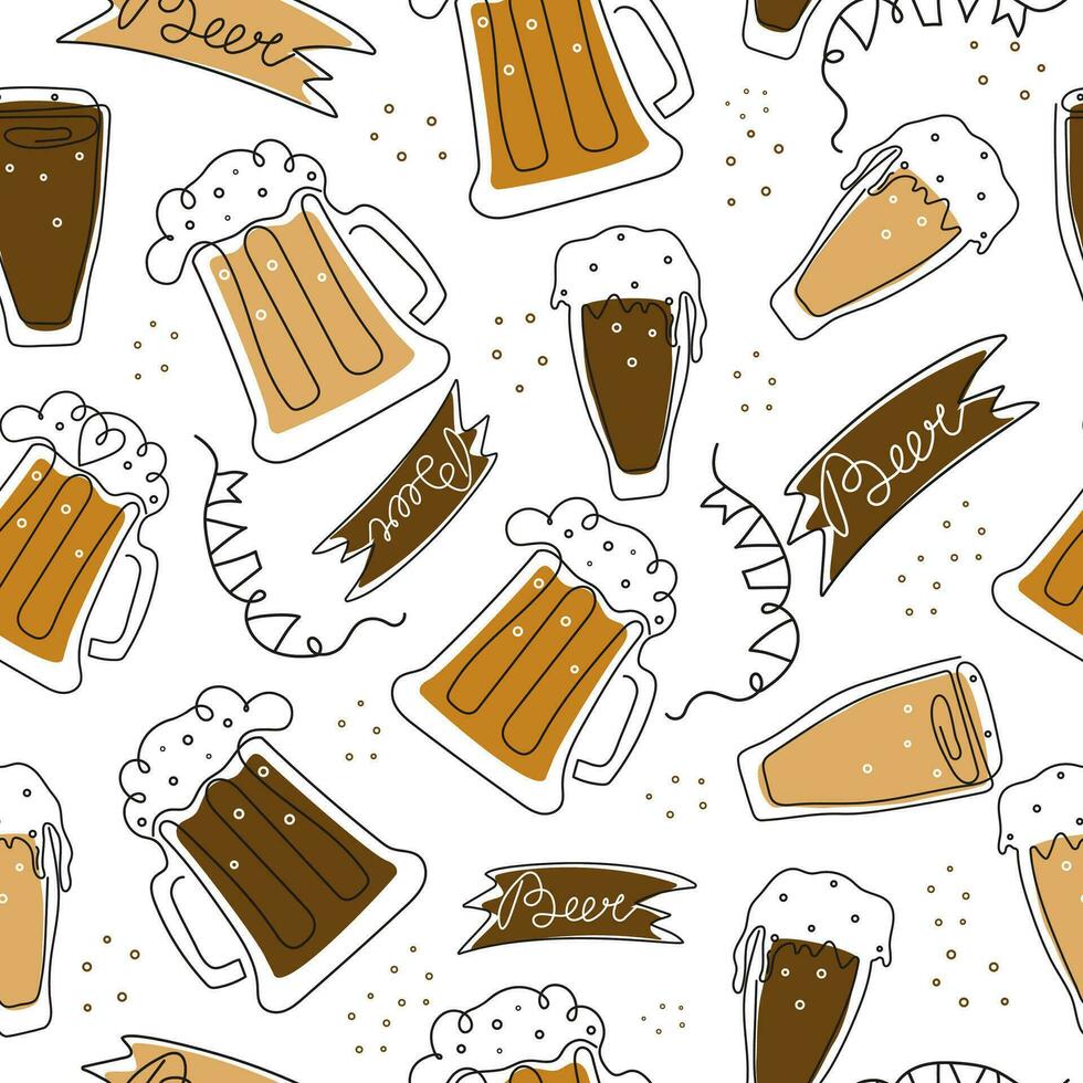 bier dag, festival, vakantie. patroon van bier mokken in lijn kunst stijl. houten teken met belettering. kalligrafie, schets tekening. oktoberfeest, oktober. vector illustratie, achtergrond geïsoleerd.