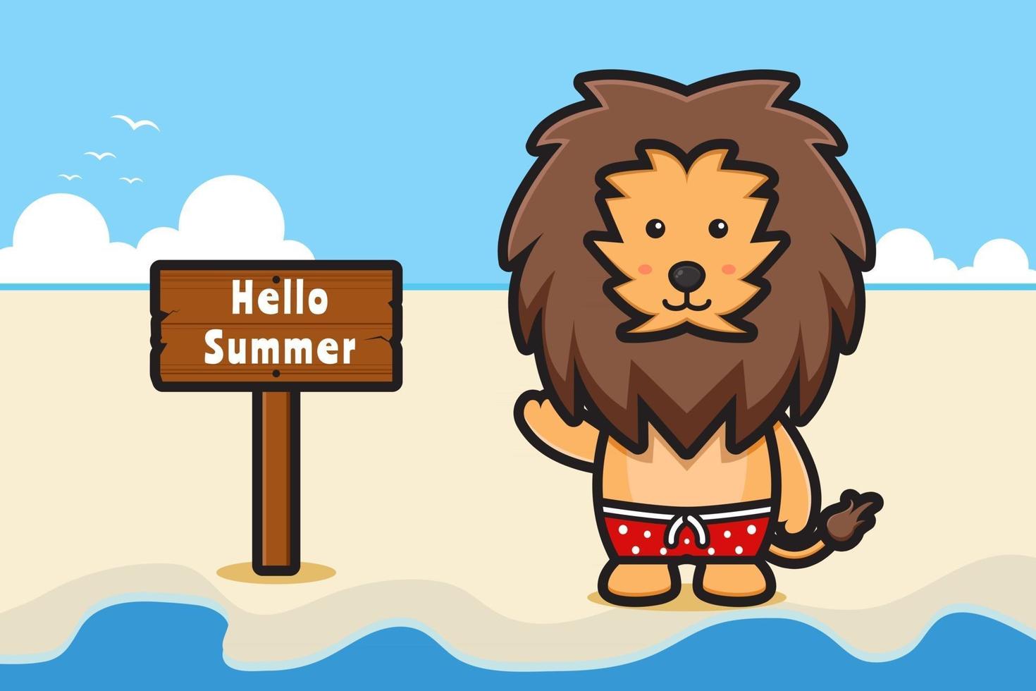 schattige leeuw zwaaiende hand met een zomerse groet banner cartoon vector pictogram illustratie